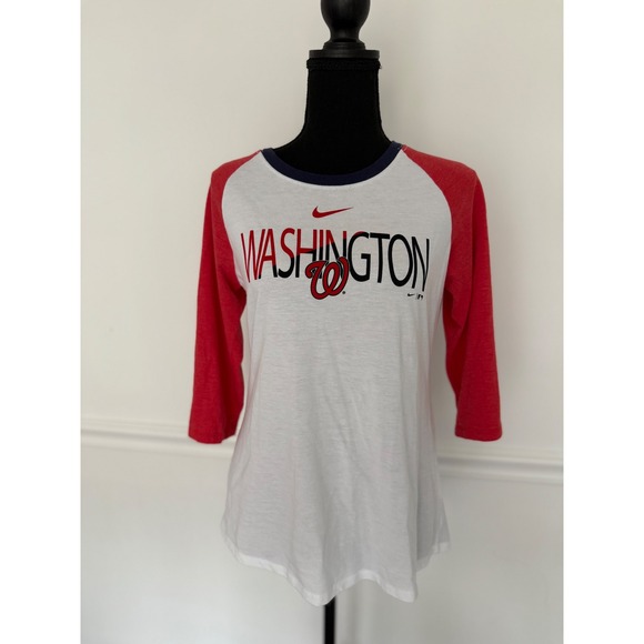 Nike Washington National Baseball MLB T Shirt white red 3/4 Sleeve women size S - Picture 1 of 7